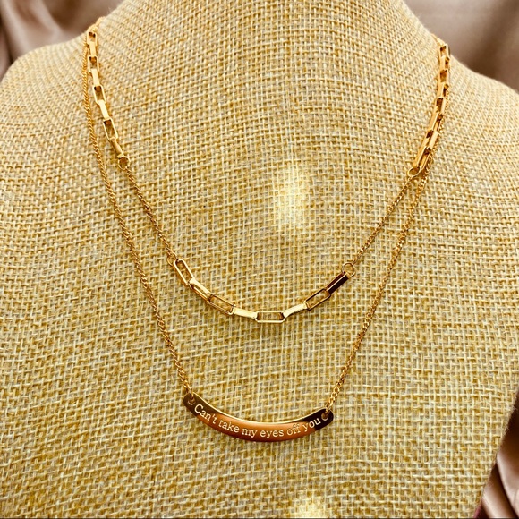 18K Gold Dainty layered necklace Curved Bar Engraved Can’t take my eyes off you. - Picture 7 of 13